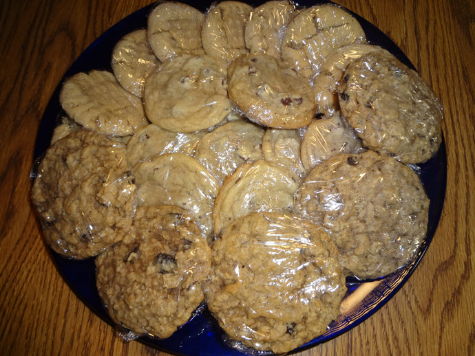 TRAY of Homemade Timeless Classic Cookies - Chocolate Chip, Peanut Butter, Oatmeal Raisin (92 Cookies)